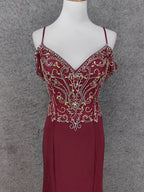 Vintage Burgundy Spaghetti Strap V-Neck Beaded Chiffon Long Prom Dresses Evening Dresses