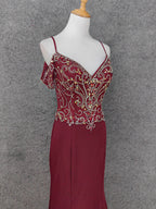 Vintage Burgundy Spaghetti Strap V-Neck Beaded Chiffon Long Prom Dresses Evening Dresses