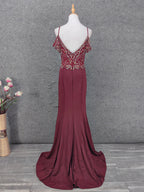 Vintage Burgundy Spaghetti Strap V-Neck Beaded Chiffon Long Prom Dresses Evening Dresses