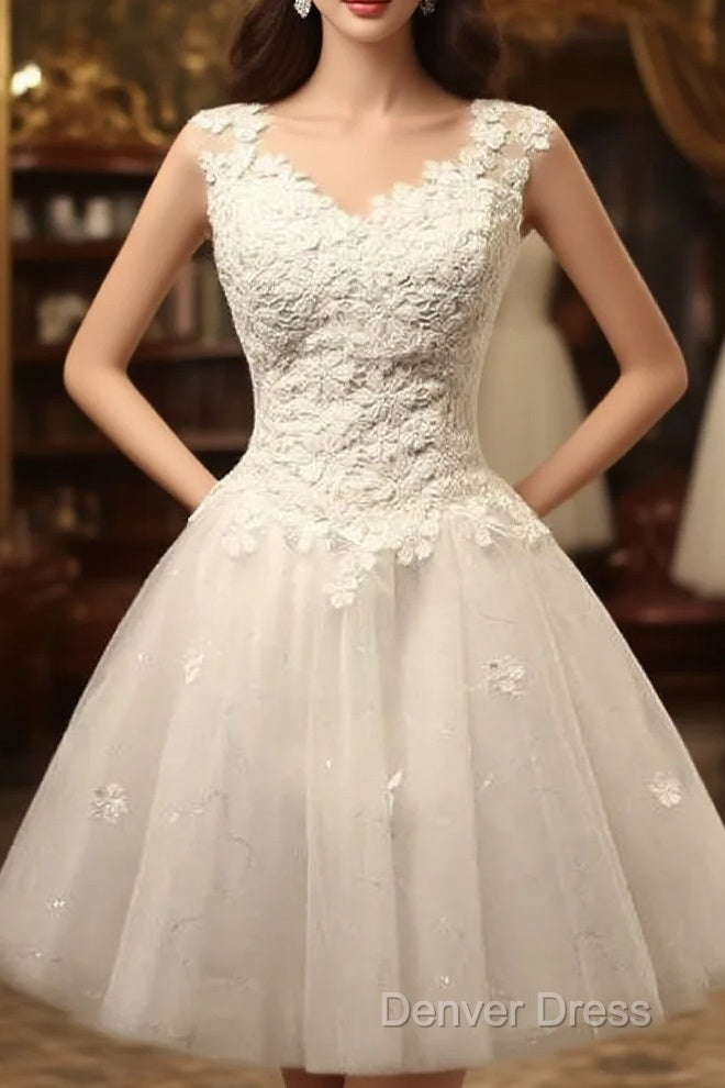 Vintage Cap Sleeves Short Tulle Lace Appliques Wedding Dresses Main image