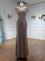 Vintage Champagne Brown Mermaid Stand Collar Shoulder Sleeve Full Diamond Sequin Tulle Long Prom Dresses Evening Dresses