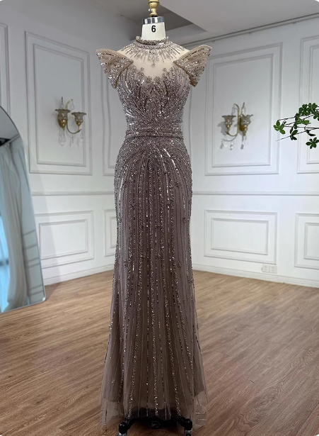 Vintage Champagne Brown Mermaid Stand Collar Shoulder Sleeve Full Diamond Sequin Tulle Long Prom Dresses Evening Dresses