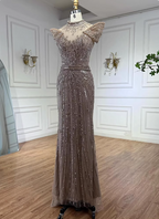 Vintage Champagne Brown Mermaid Stand Collar Shoulder Sleeve Full Diamond Sequin Tulle Long Prom Dresses Evening Dresses