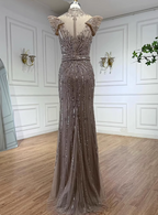 Vintage Champagne Brown Mermaid Stand Collar Shoulder Sleeve Full Diamond Sequin Tulle Long Prom Dresses Evening Dresses