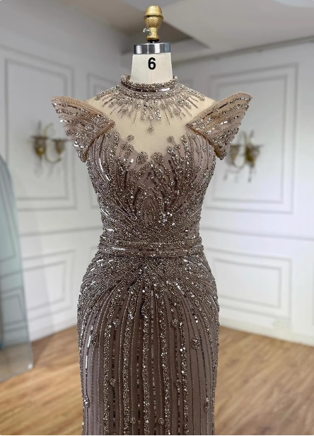 Vintage Champagne Brown Mermaid Stand Collar Shoulder Sleeve Full Diamond Sequin Tulle Long Prom Dresses Evening Dresses