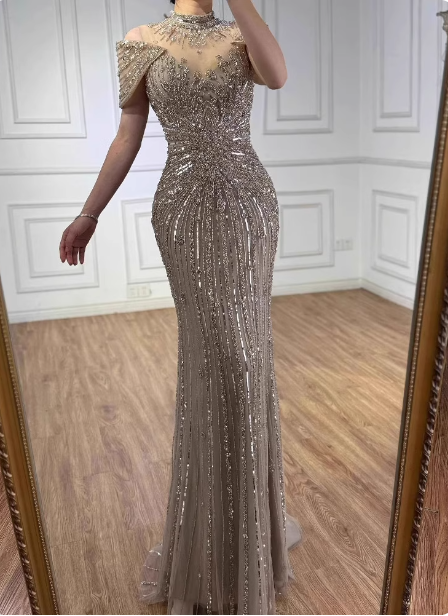 Vintage Champagne Brown Mermaid Stand Collar Shoulder Sleeve Full Diamond Sequin Tulle Long Prom Dresses Evening Dresses