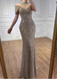 Vintage Champagne Brown Mermaid Stand Collar Shoulder Sleeve Full Diamond Sequin Tulle Long Prom Dresses Evening Dresses
