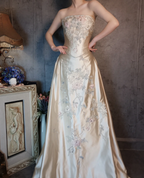 Vintage Champagne Gold A-Line Strapless Embroidered Satin Train Prom Dresses Evening Dresses