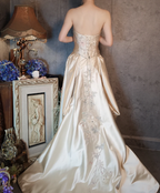 Vintage Champagne Gold A-Line Strapless Embroidered Satin Train Prom Dresses Evening Dresses