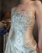 Vintage Champagne Gold A-Line Strapless Embroidered Satin Train Prom Dresses Evening Dresses