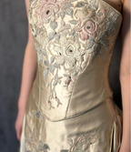Vintage Champagne Gold A-Line Strapless Embroidered Satin Train Prom Dresses Evening Dresses