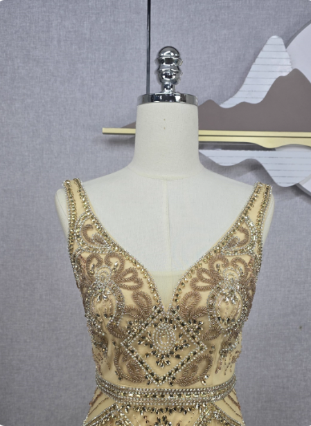 Vintage Champagne Gold Mermaid V-Neck Beaded Embroidered Tulle Long Prom Dresses Evening Dresses