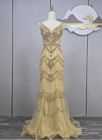 Vintage Champagne Gold Mermaid V-Neck Beaded Embroidered Tulle Long Prom Dresses Evening Dresses