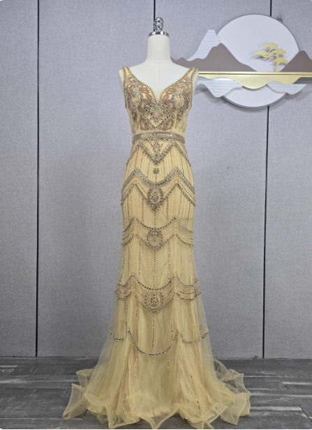 Vintage Champagne Gold Mermaid V-Neck Beaded Embroidered Tulle Long Prom Dresses Evening Dresses