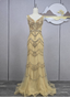 Vintage Champagne Gold Mermaid V-Neck Beaded Embroidered Tulle Long Prom Dresses Evening Dresses
