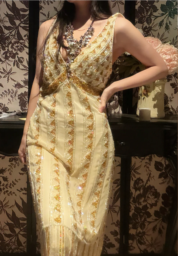 Vintage Champagne Gold Mermaid V-Neck Sequined Prom Dresses Evening Dresses