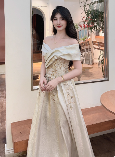 Vintage Champagne Gold Off-The-Shoulder Embroidered Satin Long Prom Dresses Evening Dresses