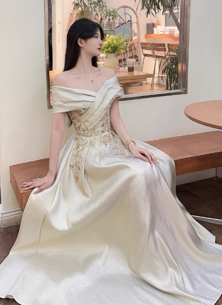Vintage Champagne Gold Off-The-Shoulder Embroidered Satin Long Prom Dresses Evening Dresses