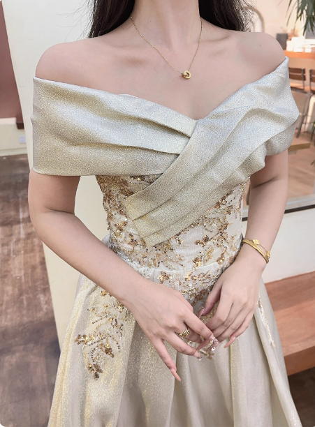 Vintage Champagne Gold Off-The-Shoulder Embroidered Satin Long Prom Dresses Evening Dresses