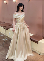 Vintage Champagne Gold Off-The-Shoulder Embroidered Satin Long Prom Dresses Evening Dresses