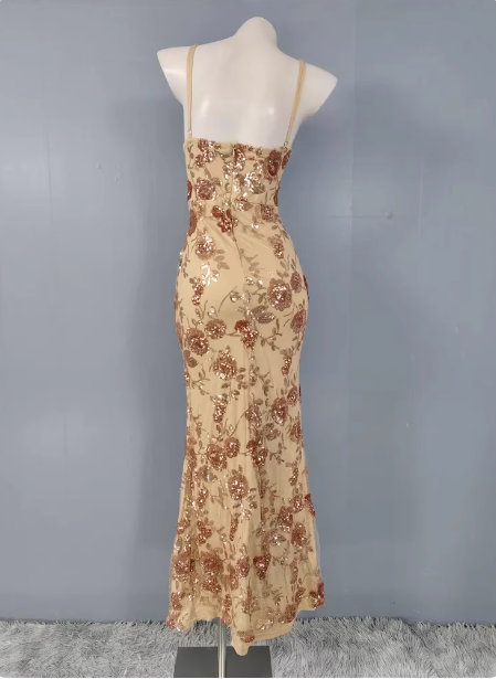 Vintage Champagne Gold Spaghetti Strap V-Neck Rose Sequin Long Prom Dresses Evening Dresses Secondary image