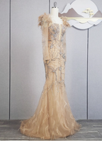Vintage Champagne Mermaid Long Sleeve Square Neck Feather Beaded Tulle Long Prom Dresses Evening Dresses