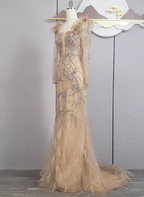 Vintage Champagne Mermaid Long Sleeve Square Neck Feather Beaded Tulle Long Prom Dresses Evening Dresses