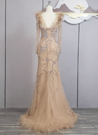 Vintage Champagne Mermaid Long Sleeve Square Neck Feather Beaded Tulle Long Prom Dresses Evening Dresses