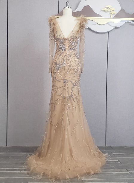 Vintage Champagne Mermaid Long Sleeve Square Neck Feather Beaded Tulle Long Prom Dresses Evening Dresses