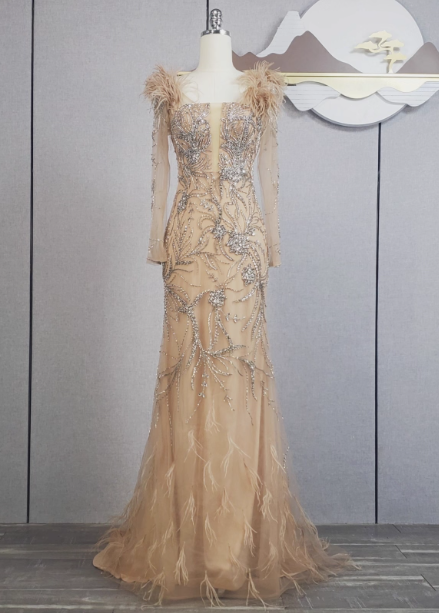 Vintage Champagne Mermaid Long Sleeve Square Neck Feather Beaded Tulle Long Prom Dresses Evening Dresses