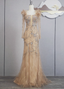 Vintage Champagne Mermaid Long Sleeve Square Neck Feather Beaded Tulle Long Prom Dresses Evening Dresses