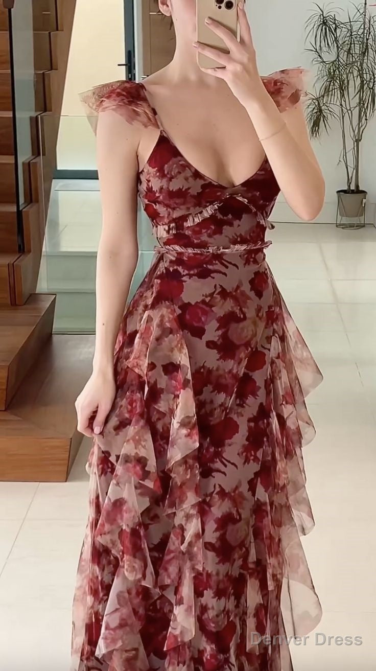 Vintage Chiffon Print Irregular Ruffles Long Prom Dress A Line Prom Dresses