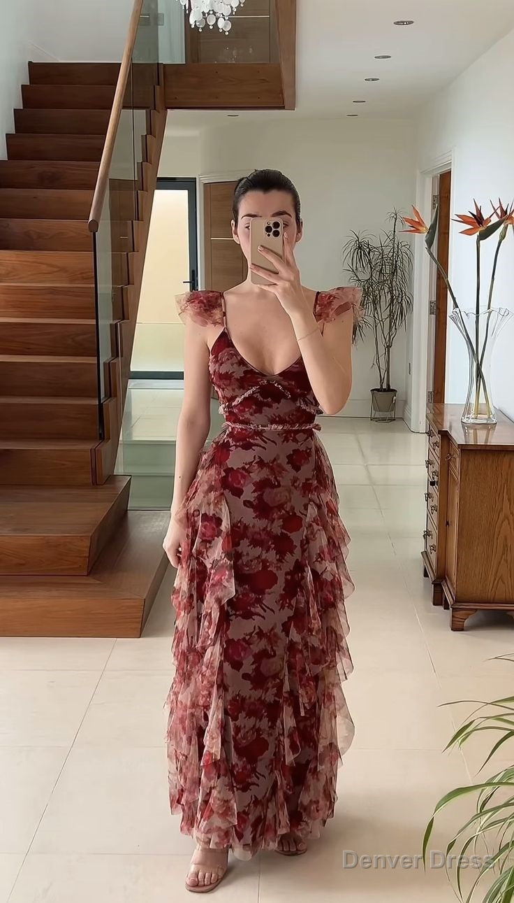 Vintage Chiffon Print Irregular Ruffles Long Prom Dress A Line Prom Dresses Main image
