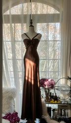 Vintage Chocolate Mermaid Sweetheart Neck Satin Long Prom Dress Elegant Evening Gown