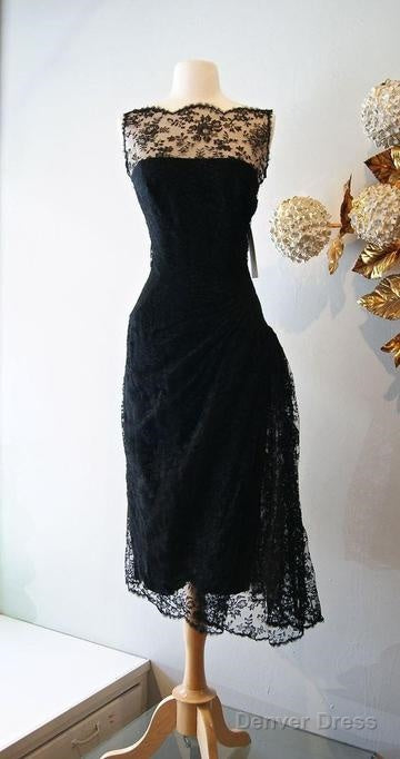 Vintage Cocktail Dresses Black Lace Prom Dress Sheer Bateau Neck Tea Length Evening Gowns