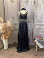 Vintage Court Black Embroidery Circular Pattern Black Diamond Chiffon Long Prom Dresses Evening Dresses