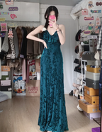 Vintage Court Dark Green V-Neck Ruffled Long Prom Dresses Evening Dresses