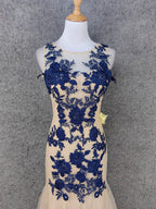 Vintage Cream Navy Mermaid Crew Neck Sleeveless Embroidered Tulle Long Prom Dresses Evening Dresses