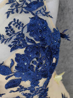 Vintage Cream Navy Mermaid Crew Neck Sleeveless Embroidered Tulle Long Prom Dresses Evening Dresses