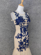 Vintage Cream Navy Mermaid Crew Neck Sleeveless Embroidered Tulle Long Prom Dresses Evening Dresses