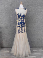 Vintage Cream Navy Mermaid Crew Neck Sleeveless Embroidered Tulle Long Prom Dresses Evening Dresses