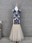 Vintage Cream Navy Mermaid Crew Neck Sleeveless Embroidered Tulle Long Prom Dresses Evening Dresses