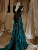 Vintage Dark Green A-Line V-Neck Bow Beaded Chiffon Long Prom Dresses Evening Dresses