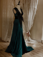 Vintage Dark Green A-Line V-Neck Bow Beaded Chiffon Long Prom Dresses Evening Dresses