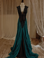 Vintage Dark Green A-Line V-Neck Bow Beaded Chiffon Long Prom Dresses Evening Dresses