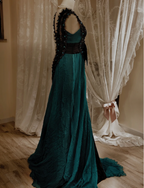 Vintage Dark Green A-Line V-Neck Bow Beaded Chiffon Long Prom Dresses Evening Dresses