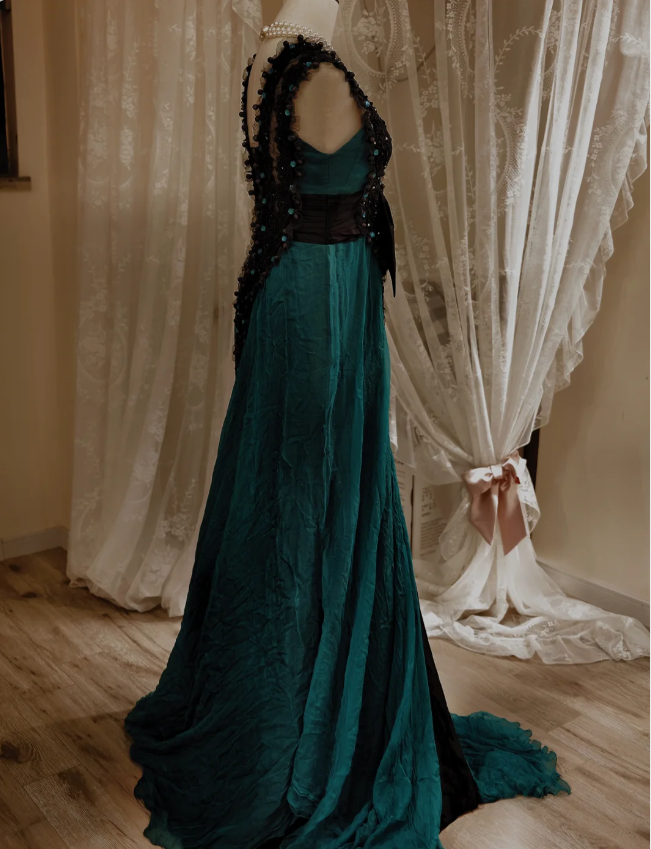 Vintage Dark Green A-Line V-Neck Bow Beaded Chiffon Long Prom Dresses Evening Dresses