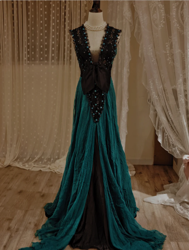 Vintage Dark Green A-Line V-Neck Bow Beaded Chiffon Long Prom Dresses Evening Dresses