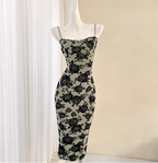 Vintage Dark Green Base Black Rose Printed Slim-Fit Spaghetti Strap Satin Prom Dresses Evening Dresses