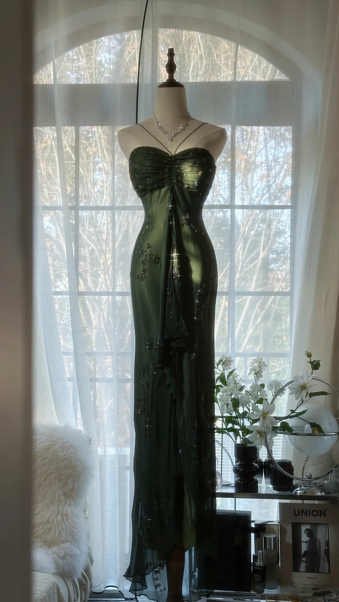 Vintage Dark Green Strapless Beaded Chiffon Mermaid Long Prom Dress